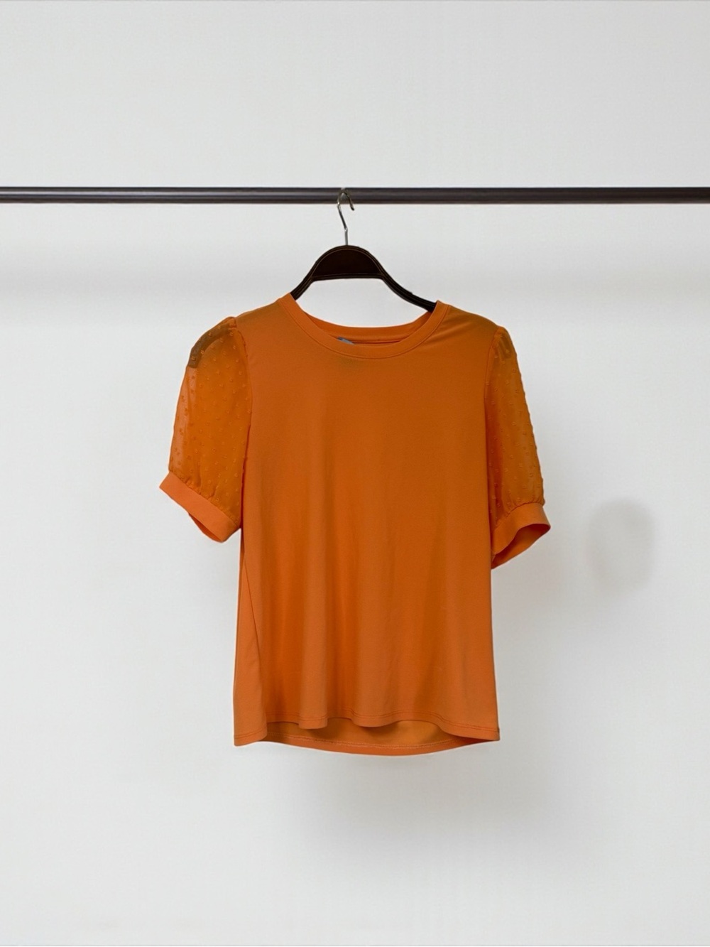 CeCe Orange Short-Sleeve Top with Dot-Mesh Sleeves